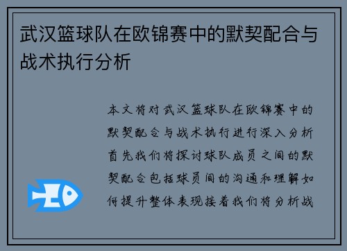 武汉篮球队在欧锦赛中的默契配合与战术执行分析