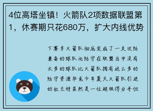4位高塔坐镇！火箭队2项数据联盟第1，休赛期只花680万，扩大内线优势